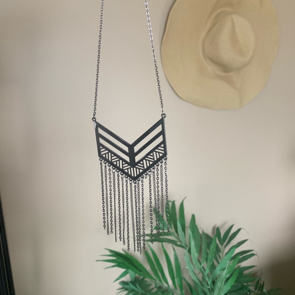 Dark silver long tassel necklace